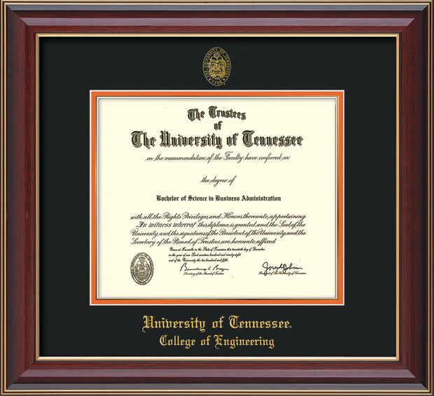 Image of University of Tennessee Diploma Frame - Cherry Lacquer - w/UT Seal & College of Engineering Name Embossing - Black on Orange Mat