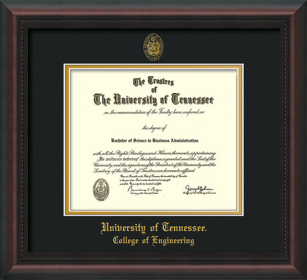Image of University of Tennessee Diploma Frame - Mahogany Braid - w/UT Seal & College of Engineering Name Embossing - Black on Gold Mat