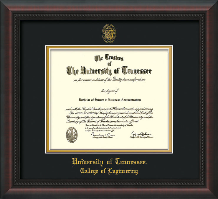 Image of University of Tennessee Diploma Frame - Mahogany Braid - w/UT Seal & College of Engineering Name Embossing - Black on Gold Mat