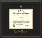 Image of University of Tennessee Diploma Frame - Mahogany Braid - w/UT Seal & College of Engineering Name Embossing - Black on Orange Mat