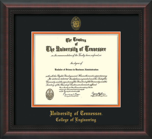 Image of University of Tennessee Diploma Frame - Mahogany Braid - w/UT Seal & College of Engineering Name Embossing - Black on Orange Mat