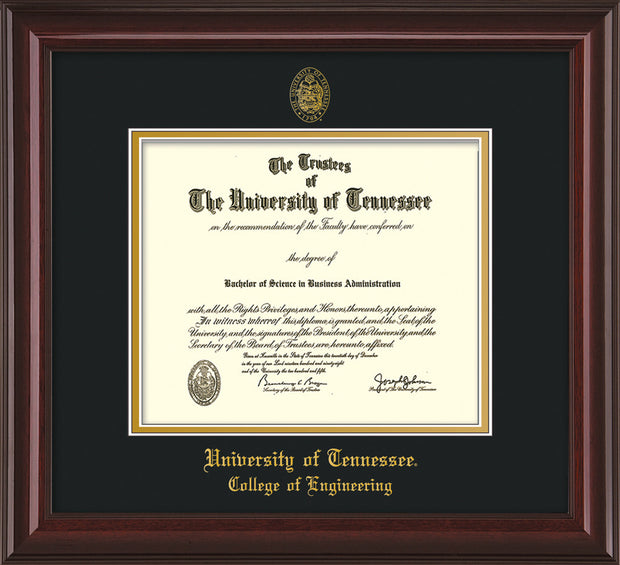 Image of University of Tennessee Diploma Frame - Mahogany Lacquer - w/UT Seal & College of Engineering Name Embossing - Black on Gold Mat