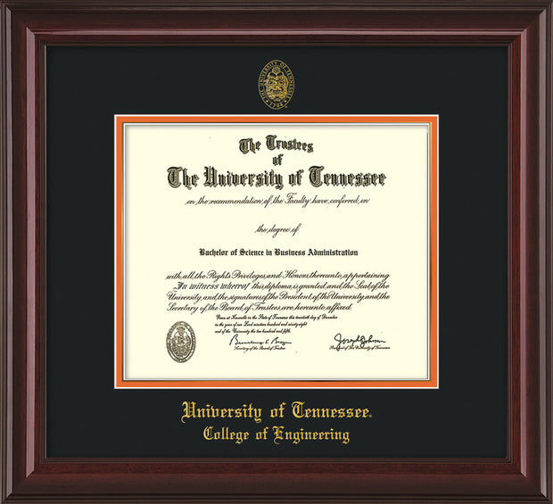 Image of University of Tennessee Diploma Frame - Mahogany Lacquer - w/UT Seal & College of Engineering Name Embossing - Black on Orange Mat
