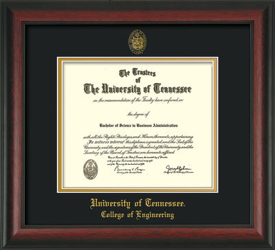 Image of University of Tennessee Diploma Frame - Rosewood - w/UT Seal & College of Engineering Name Embossing - Black on Gold Mat