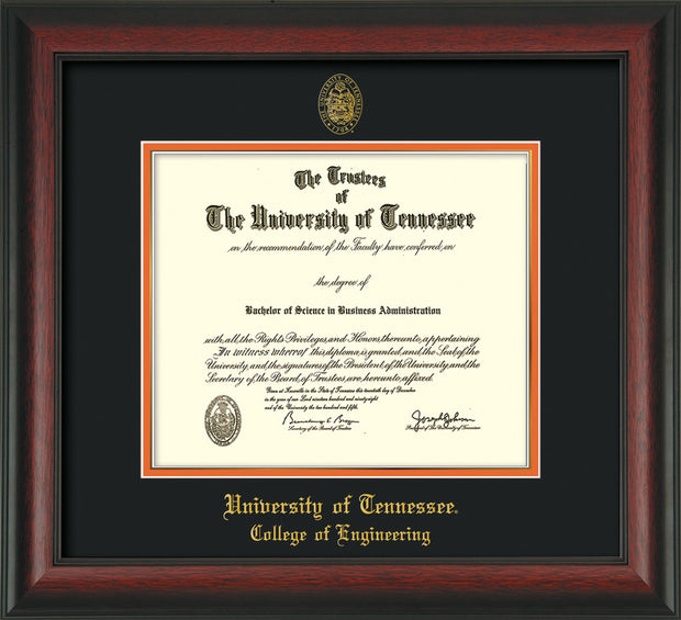 Image of University of Tennessee Diploma Frame - Rosewood - w/UT Seal & College of Engineering Name Embossing - Black on Orange Mat