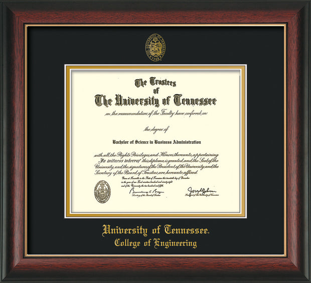 Image of University of Tennessee Diploma Frame - Rosewood w/Gold Lip - w/UT Seal & College of Engineering Name Embossing - Black on Gold Mat
