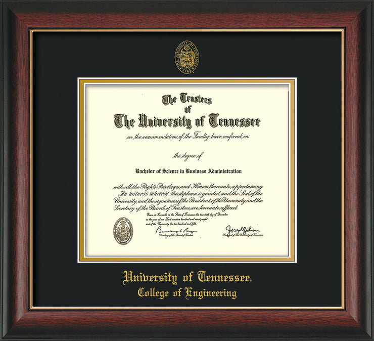 Image of University of Tennessee Diploma Frame - Rosewood w/Gold Lip - w/UT Seal & College of Engineering Name Embossing - Black on Gold Mat