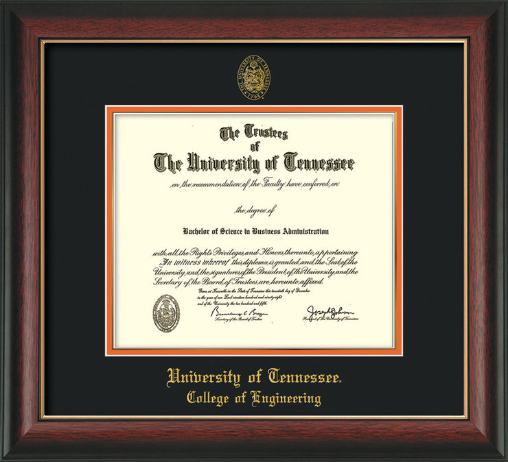 Image of University of Tennessee Diploma Frame - Rosewood w/Gold Lip - w/UT Seal & College of Engineering Name Embossing - Black on Orange Mat
