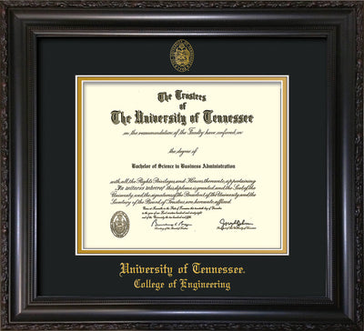 Image of University of Tennessee Diploma Frame - Vintage Black Scoop - w/UT Seal & College of Engineering Name Embossing - Black on Gold Mat