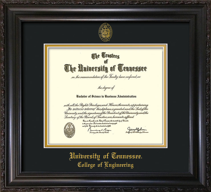 Image of University of Tennessee Diploma Frame - Vintage Black Scoop - w/UT Seal & College of Engineering Name Embossing - Black on Gold Mat