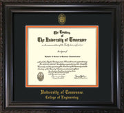 Image of University of Tennessee Diploma Frame - Vintage Black Scoop - w/UT Seal & College of Engineering Name Embossing - Black on Orange Mat
