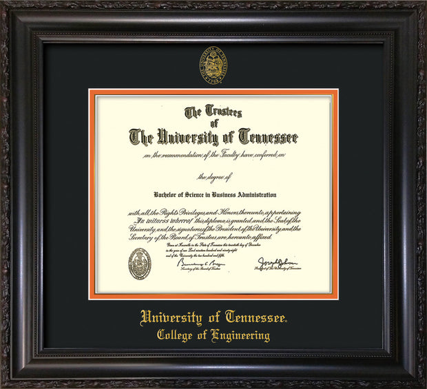 Image of University of Tennessee Diploma Frame - Vintage Black Scoop - w/UT Seal & College of Engineering Name Embossing - Black on Orange Mat