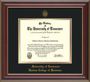 Image of University of Tennessee Haslam College of Business Diploma Frame - Cherry Lacquer - w/UT Embossed Seal & UTHAS Name - Black on Gold Mat