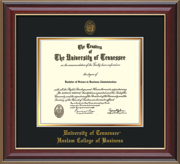 Image of University of Tennessee Haslam College of Business Diploma Frame - Cherry Lacquer - w/UT Embossed Seal & UTHAS Name - Black on Gold Mat