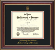 Image of University of Tennessee Haslam College of Business Diploma Frame - Cherry Lacquer - w/UT Embossed Seal & UTHAS Name - Black on Orange Mat