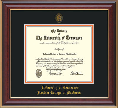 Image of University of Tennessee Haslam College of Business Diploma Frame - Cherry Lacquer - w/UT Embossed Seal & UTHAS Name - Black on Orange Mat