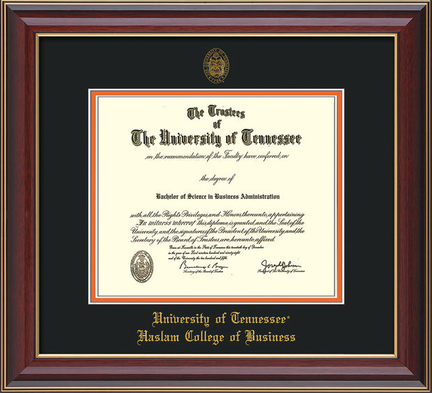 Image of University of Tennessee Haslam College of Business Diploma Frame - Cherry Lacquer - w/UT Embossed Seal & UTHAS Name - Black on Orange Mat