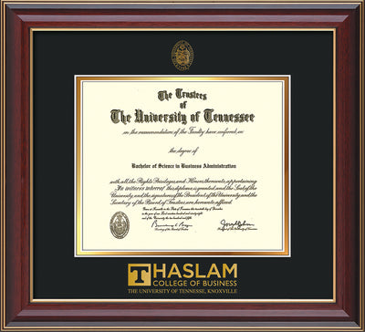 Image of University of Tennessee Haslam College of Business Diploma Frame - Cherry Lacquer - w/UT Embossed Seal & UTHAS Wordmark - Black on Gold Mat