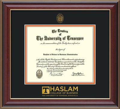 Image of University of Tennessee Haslam College of Business Diploma Frame - Cherry Lacquer - w/UT Embossed Seal & UTHAS Wordmark - Black on Orange Mat