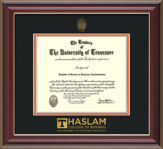 Image of University of Tennessee Haslam College of Business Diploma Frame - Cherry Lacquer - w/UT Embossed Seal & UTHAS Wordmark - Black on Orange Mat