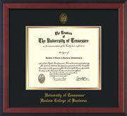 Image of University of Tennessee Haslam College of Business Diploma Frame - Cherry Reverse - w/UT Embossed Seal & UTHAS Name - Black on Gold Mat