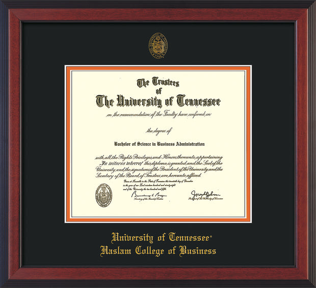 Image of University of Tennessee Haslam College of Business Diploma Frame - Cherry Reverse - w/UT Embossed Seal & UTHAS Name - Black on Orange Mat