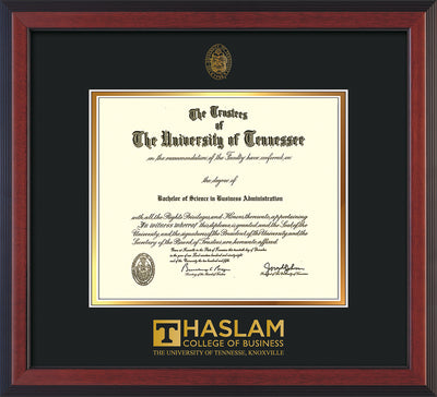 Image of University of Tennessee Haslam College of Business Diploma Frame - Cherry Reverse - w/UT Embossed Seal & UTHAS Wordmark - Black on Gold Mat