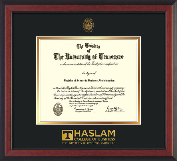 Image of University of Tennessee Haslam College of Business Diploma Frame - Cherry Reverse - w/UT Embossed Seal & UTHAS Wordmark - Black on Gold Mat