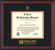 Image of University of Tennessee Haslam College of Business Diploma Frame - Cherry Reverse - w/UT Embossed Seal & UTHAS Wordmark - Black on Orange Mat