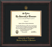 Image of University of Tennessee Haslam College of Business Diploma Frame - Mahogany Braid - w/UT Embossed Seal & UTHAS Name - Black on Gold Mat