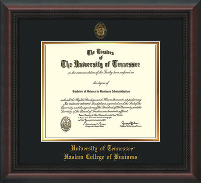 Image of University of Tennessee Haslam College of Business Diploma Frame - Mahogany Braid - w/UT Embossed Seal & UTHAS Name - Black on Gold Mat