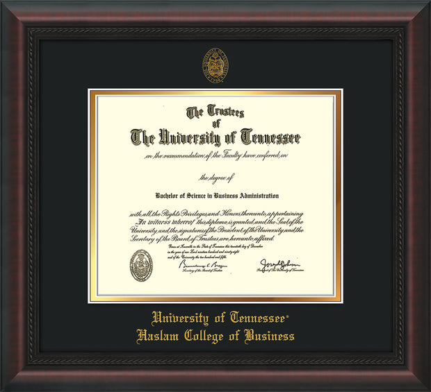 Image of University of Tennessee Haslam College of Business Diploma Frame - Mahogany Braid - w/UT Embossed Seal & UTHAS Name - Black on Gold Mat