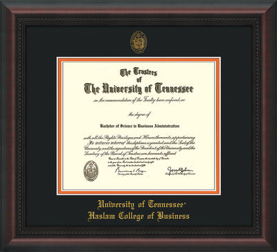 Image of University of Tennessee Haslam College of Business Diploma Frame - Mahogany Braid - w/UT Embossed Seal & UTHAS Name - Black on Orange Mat