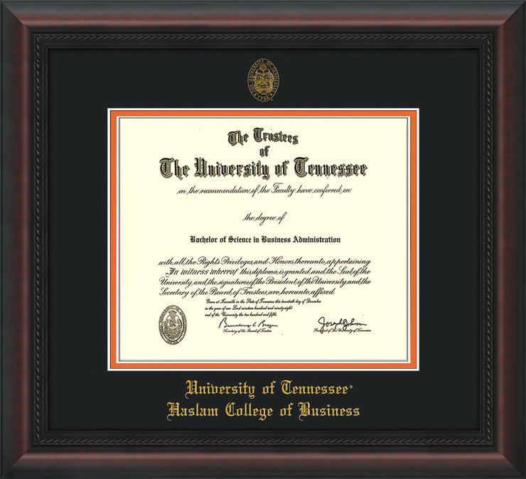 Image of University of Tennessee Haslam College of Business Diploma Frame - Mahogany Braid - w/UT Embossed Seal & UTHAS Name - Black on Orange Mat