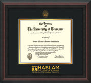 Image of University of Tennessee Haslam College of Business Diploma Frame - Mahogany Braid - w/UT Embossed Seal & UTHAS Wordmark - Black on Gold Mat