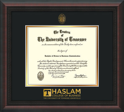 Image of University of Tennessee Haslam College of Business Diploma Frame - Mahogany Braid - w/UT Embossed Seal & UTHAS Wordmark - Black on Gold Mat