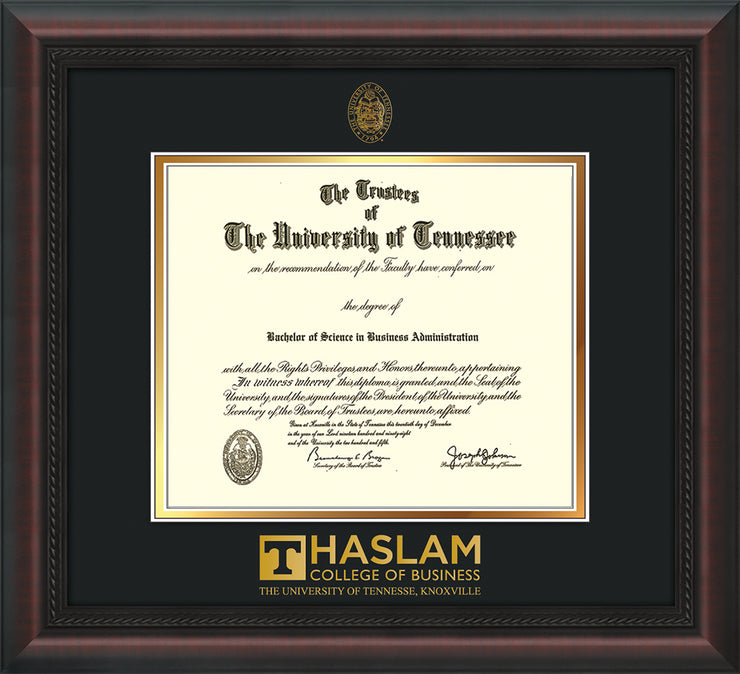 Image of University of Tennessee Haslam College of Business Diploma Frame - Mahogany Braid - w/UT Embossed Seal & UTHAS Wordmark - Black on Gold Mat