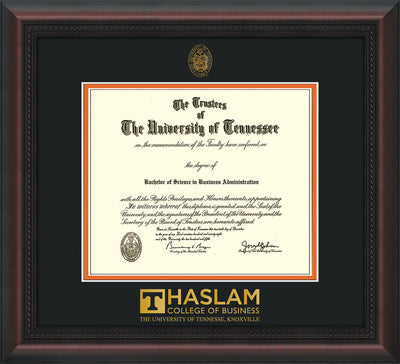 Image of University of Tennessee Haslam College of Business Diploma Frame - Mahogany Braid - w/UT Embossed Seal & UTHAS Wordmark - Black on Orange Mat