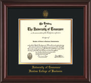 University of Tennessee Haslam College of Business Diploma Frame - Mahogany Lacquer - w/UT Embossed Seal & UTHAS Name - Black on Gold Mat