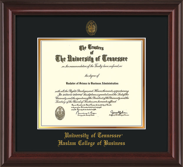 University of Tennessee Haslam College of Business Diploma Frame - Mahogany Lacquer - w/UT Embossed Seal & UTHAS Name - Black on Gold Mat