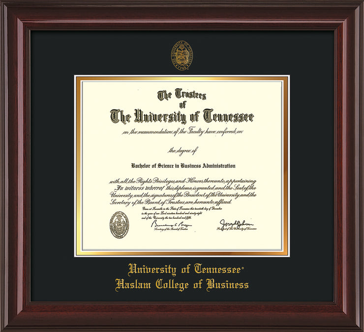 University of Tennessee Haslam College of Business Diploma Frame - Mahogany Lacquer - w/UT Embossed Seal & UTHAS Name - Black on Gold Mat