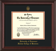 Image of University of Tennessee Haslam College of Business Diploma Frame - Mahogany Lacquer - w/UT Embossed Seal & UTHAS Name - Black on Orange Mat