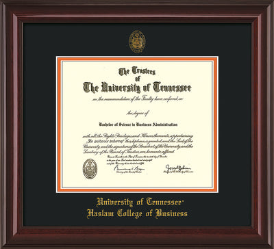 Image of University of Tennessee Haslam College of Business Diploma Frame - Mahogany Lacquer - w/UT Embossed Seal & UTHAS Name - Black on Orange Mat