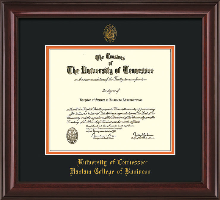 Image of University of Tennessee Haslam College of Business Diploma Frame - Mahogany Lacquer - w/UT Embossed Seal & UTHAS Name - Black on Orange Mat