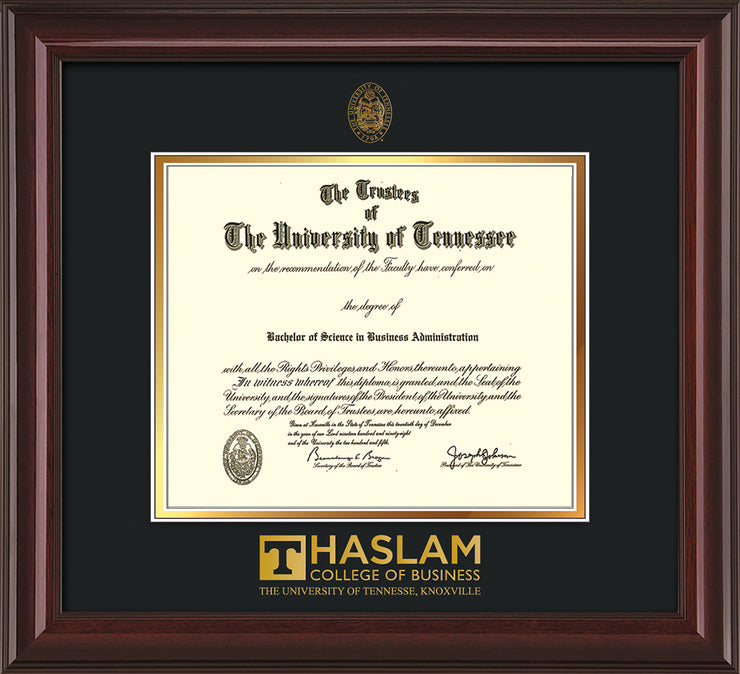 Image of University of Tennessee Haslam College of Business Diploma Frame - Mahogany Lacquer - w/UT Embossed Seal & UTHAS Wordmark - Black on Gold Mat