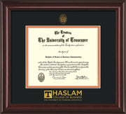 Image of University of Tennessee Haslam College of Business Diploma Frame - Mahogany Lacquer - w/UT Embossed Seal & UTHAS Wordmark - Black on Orange Mat