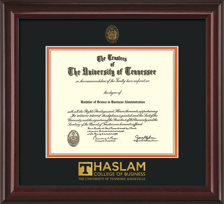 Image of University of Tennessee Haslam College of Business Diploma Frame - Mahogany Lacquer - w/UT Embossed Seal & UTHAS Wordmark - Black on Orange Mat