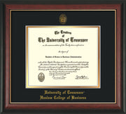 Image of University of Tennessee Haslam College of Business Diploma Frame - Rosewood w/Gold Lip - w/UT Embossed Seal & UTHAS Name - Black on Gold Mat