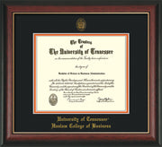 Image of University of Tennessee Haslam College of Business Diploma Frame - Rosewood w/Gold Lip - w/UT Embossed Seal & UTHAS Name - Black on Orange Mat