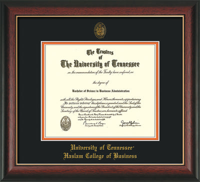 Image of University of Tennessee Haslam College of Business Diploma Frame - Rosewood w/Gold Lip - w/UT Embossed Seal & UTHAS Name - Black on Orange Mat